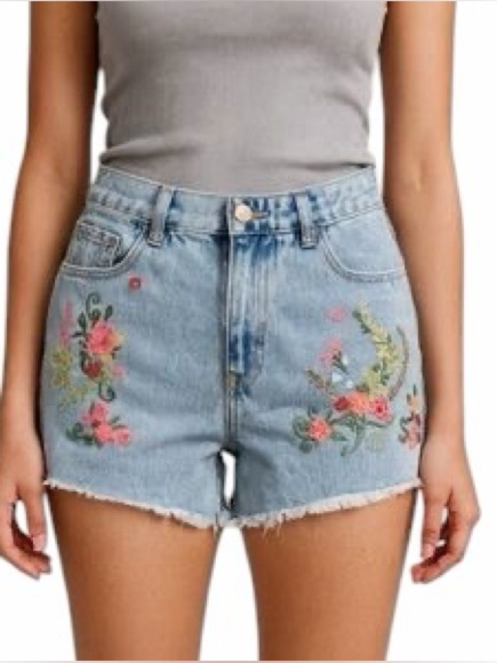 ROMWE•Fairycore Denim High Waist Floral Embroidered Raw Hem Jean Shorts